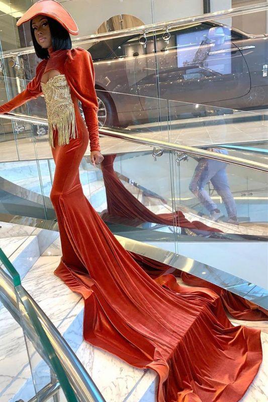 Vintage Orange Velvet Crystal Mermaid Prom Dresses With Long Sleeves C560