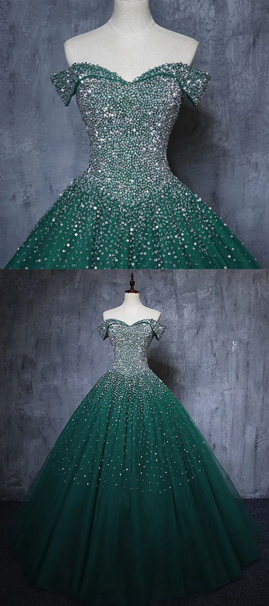 Dark Green Tulle Sweetheart Sparkle Party Dress, Sweet 16 Dress  C514