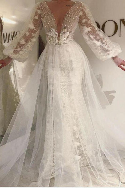 Long Sleeves Tulle Lace Prom Dresses with Pearls C545