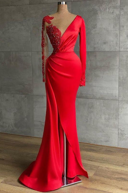Asymmetrical Mermaid Long Sleeves Ruffles Prom Dresses with Slit C536