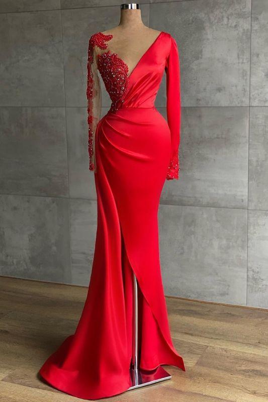 Asymmetrical Mermaid Long Sleeves Ruffles Prom Dresses with Slit C536