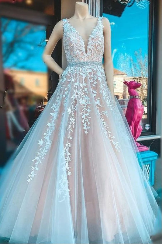 A-line ivory lace appliqued long prom dress prom dresses C470