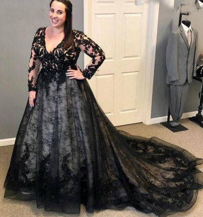 Black V Neck Prom Dresses Bridal Gown with Sleeves C481