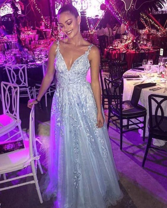 Elegant Prom Dresses Tulle V Neck Lace Embroidery Fashion Prom Dress C524
