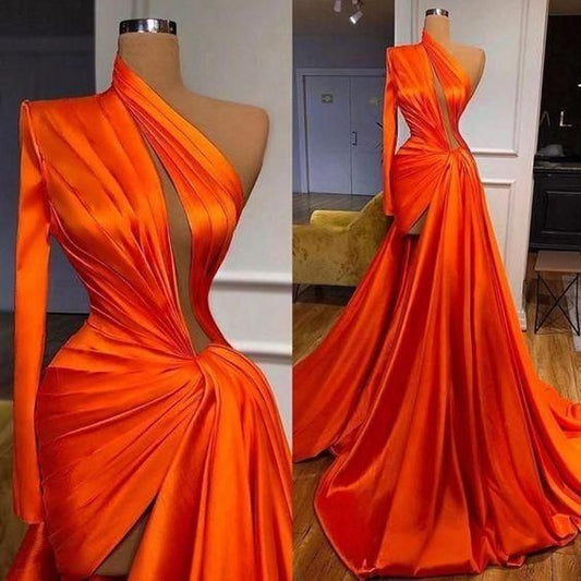 One Shoulder Prom Dress, Pleats Evening Dress  C569