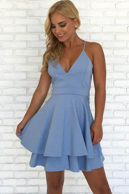 Simple Blue Spaghetti Straps V Neck Short Homecoming Dress  C527