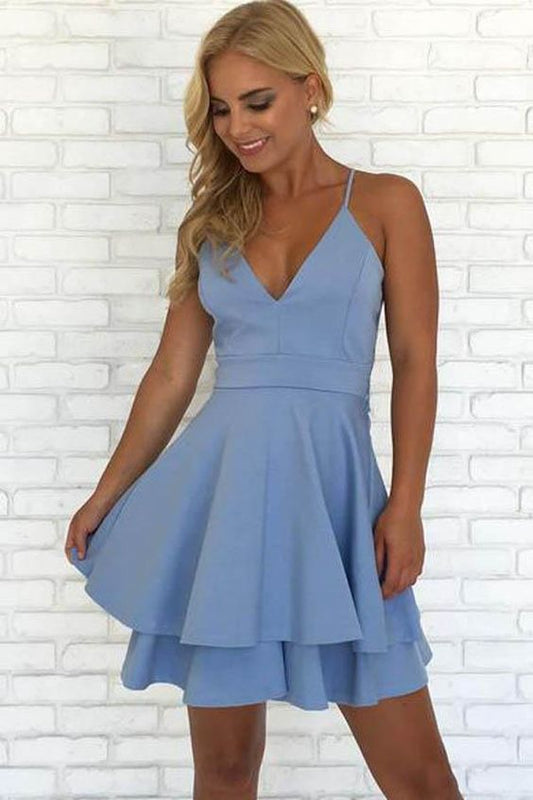 Simple Blue Spaghetti Straps V Neck Short Homecoming Dress  C527