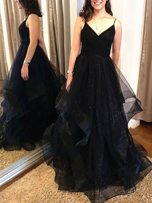 Shiny A Line V Neck Black Backless Prom Dresses, Black Open Back Formal Evening Dresses C583