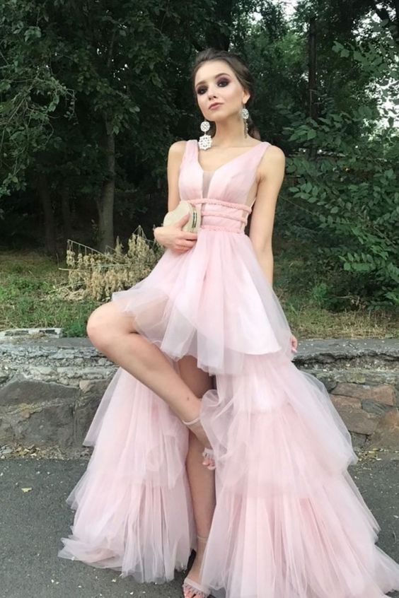 V-Neck Hi-Low Lavender Tiered Long Prom Dress  C506