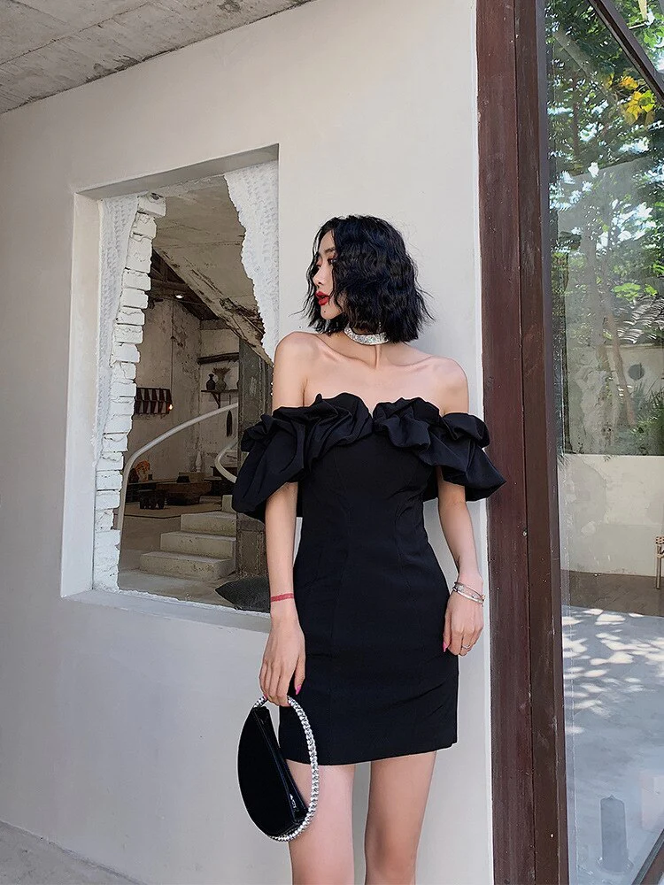 Black White Women Short Dress Pretty Mini Party Dress Ruffules Neckline Homecoming Dress c3308