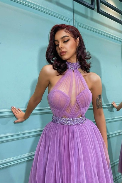 Lavender High Neck Short Tulle Prom Dress c2964