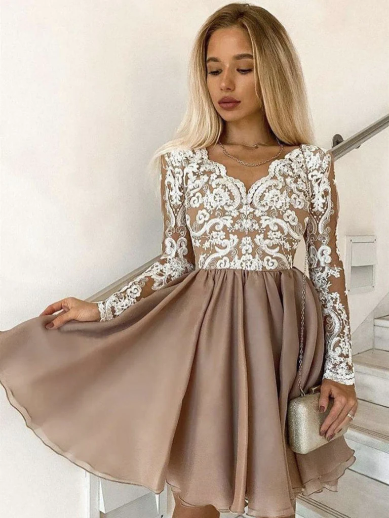 Long Sleeves Short Champagne Lace Homecoming Dresses, Short Champagne Lace Formal Graduation Dresses c3032