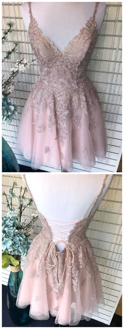 A Line Spaghetti Straps Blush Homecoming Dress With Appliques Beading c3035