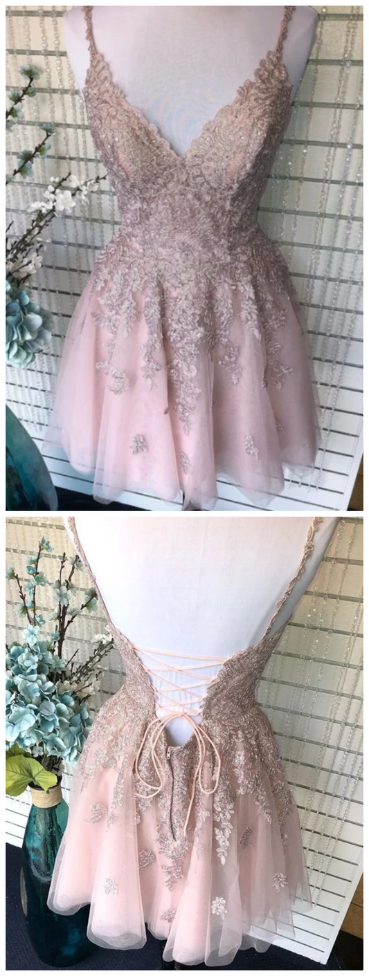 A Line Spaghetti Straps Blush Homecoming Dress With Appliques Beading c3035