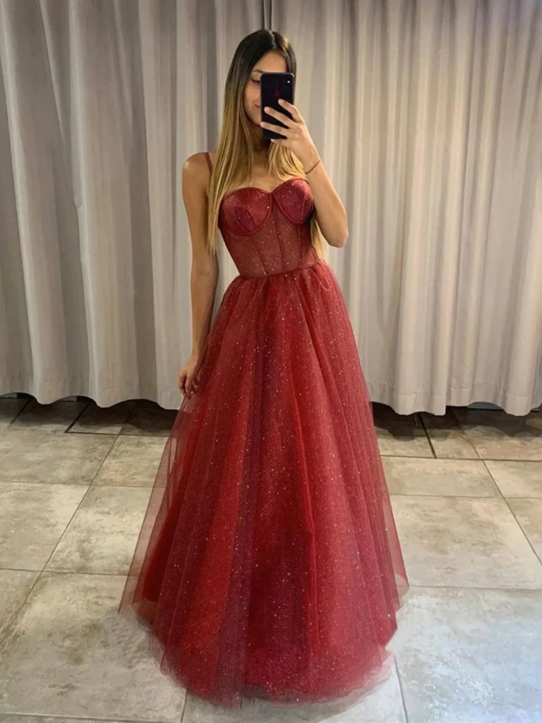 Cute tulle long A line prom dress evening dress  Burgundy Long Formal Graduation Dresses C1276