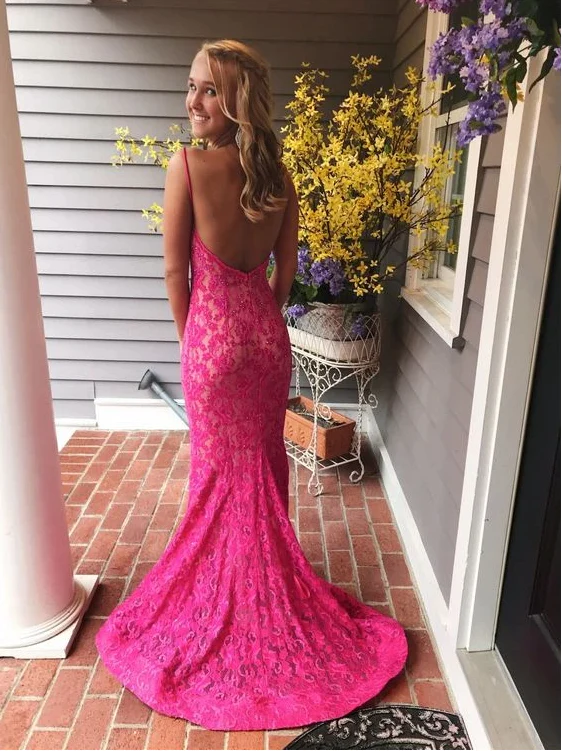 Pink Lace Prom Dresses,Mermaid Long Prom Dresses, Pretty Prom Dresses cc381
