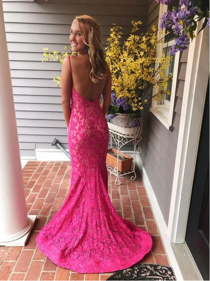 Pink Lace Prom Dresses,Mermaid Long Prom Dresses, Pretty Prom Dresses cc381