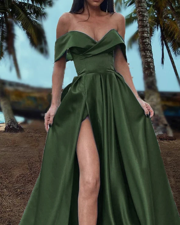 Olive Green Off The Shoulder Satin Split Prom Dresses cc144