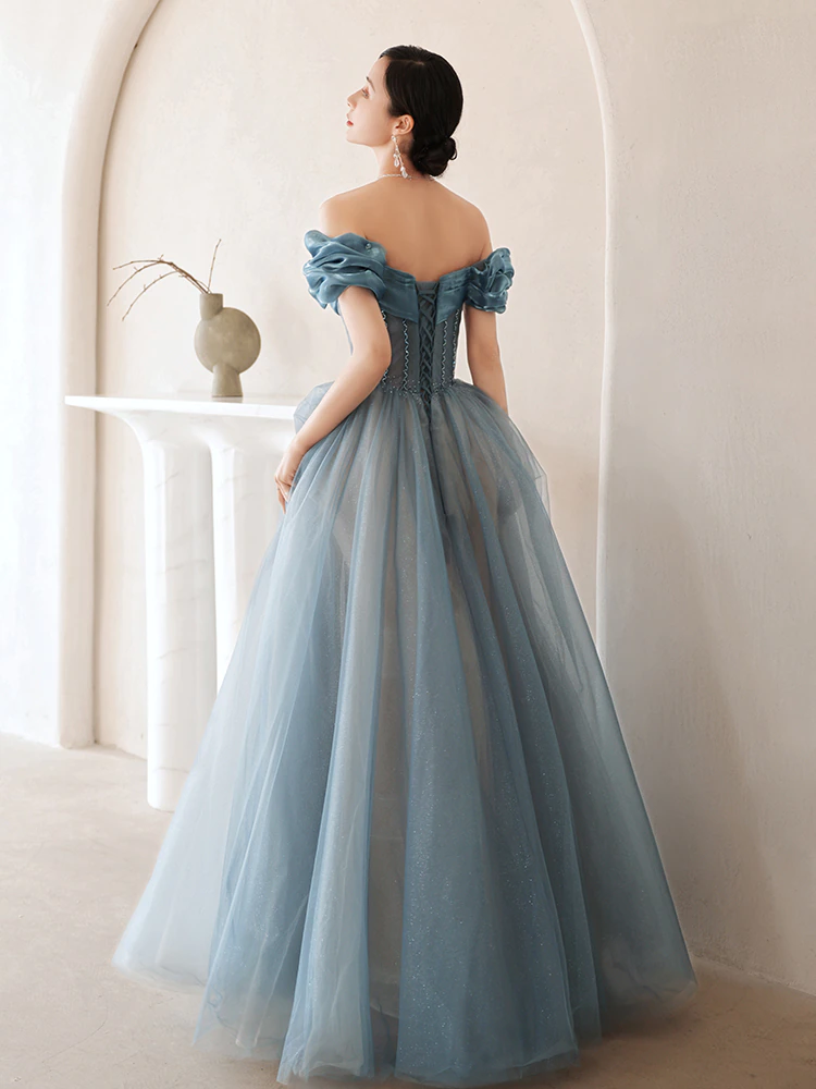 Fashion Women Evening Dress Floor Length Grey Blue Boat Neck Elegant A Line Dress Long Prom Dress cc64