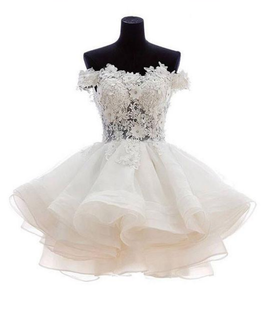 White sweetheart lace applique short cute white homecoming dress Off Shoulder Organza Short Lace Applique Teen Formal Dress c3219