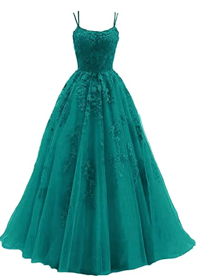 Green spaghetti strap prom dress, long tulle lace appliquéd women's party dress C1889