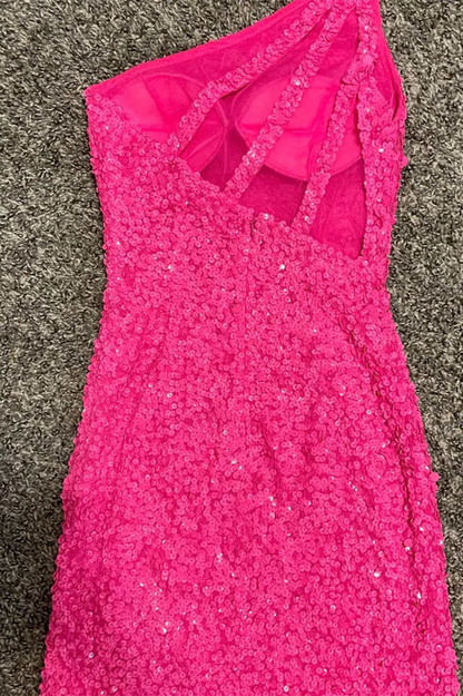 Glitter One Shoulder Hot Pink Tight Homecoming Dress cc02
