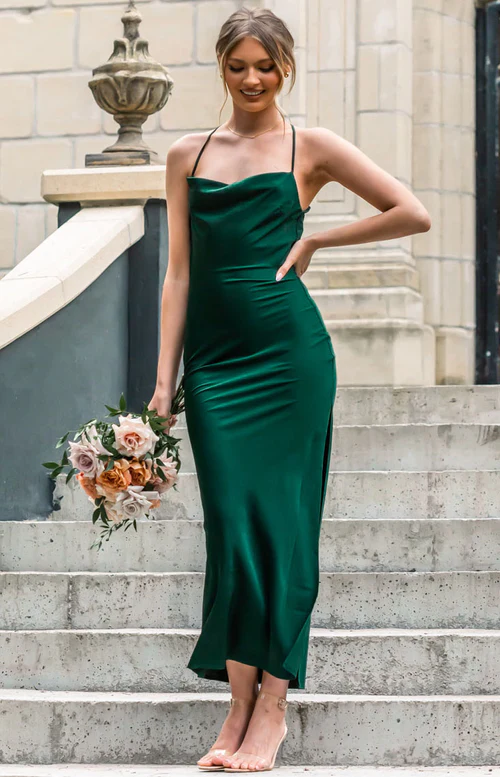 Emerald Green Cowl Neck Satin Simple Prom Dress Backless Bridesmaid Dress cc149