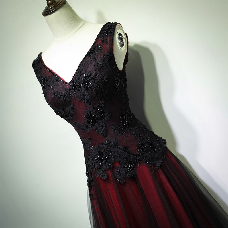Gorgeous Black And Red V-Neckline Tulle Beaded Prom Dress, Long Evening Gown C1249