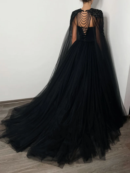 Black Gothic crystal beaded corset wedding tulle dress, elegant beaded alternive bride dress, long black cape black prom dress c2895