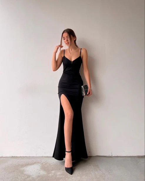 Spaghetti Straps Black Mermaid Prom Dress Chic Prom Dress With High Slit cc299