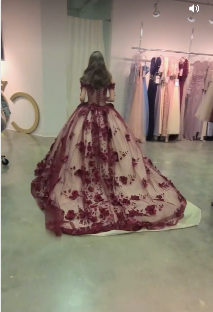 Red tulle flower strapless off the shoulder long train prom ball gown Sweet 16 Dress c2754