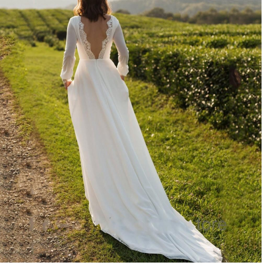 White Chiffon Simple Prom Dress Wedding Dress Open Back Prom Dress With Long Sleeves c3334
