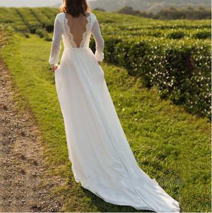White Chiffon Simple Prom Dress Wedding Dress Open Back Prom Dress With Long Sleeves c3334