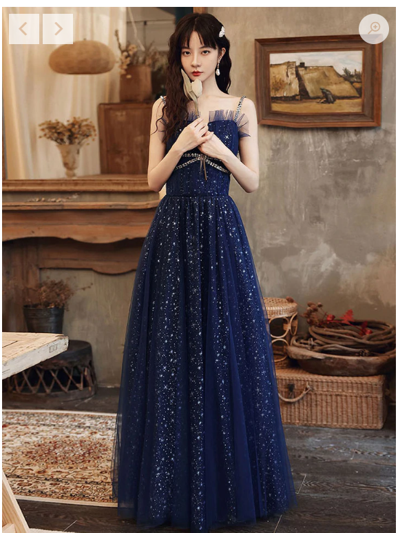 Blue tulle A line sequin long prom dress, blue tulle formal dress C2378