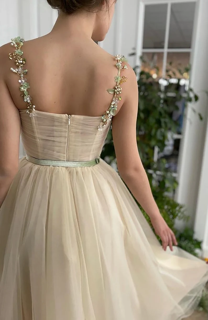 Beige Fairy Tulle Prom Dress  Beads Straps Fairy Prom Gown, Handmade Tea-length A-Line Tulle Ball Gown Wedding Dress c2752