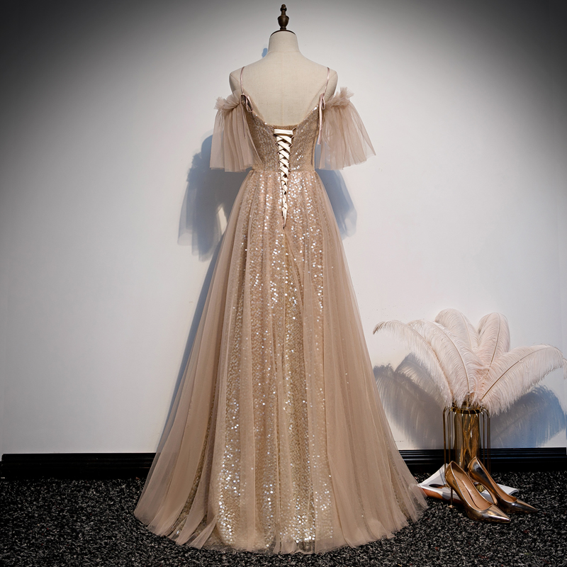 Champagne sequins tulle prom dress formal dress cc391