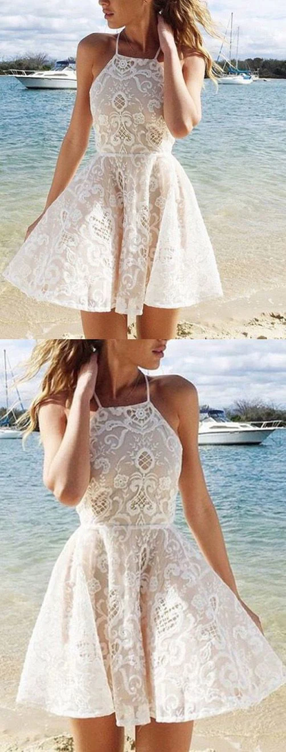 Sleeveless Ivory Party Homecoming Dresses Admirable Short A-line/Princess Lace Dresses c2733