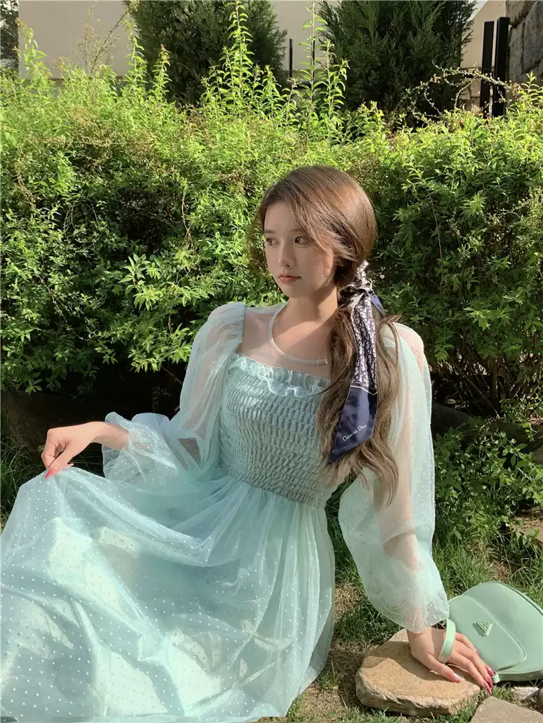 Light green skirt hollow French super fairy puff sleeve polka dot mesh dress sexy party dress cc292