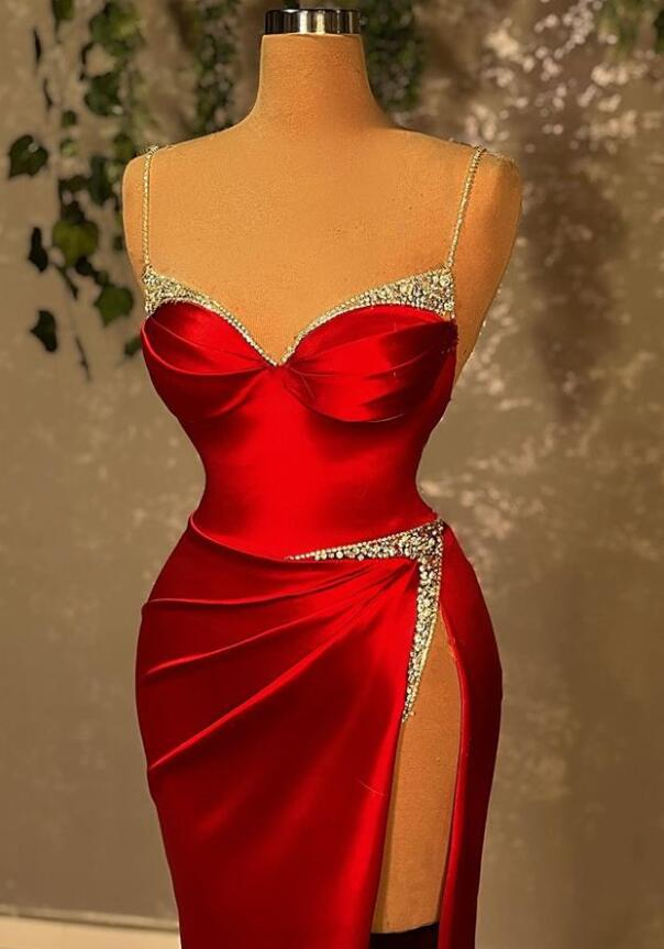 Burgundy Spaghetti-Straps Beadings Mermaid Prom Dress With Split c2578
