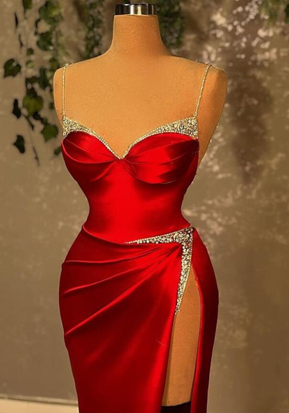 Burgundy Spaghetti-Straps Beadings Mermaid Prom Dress With Split c2578