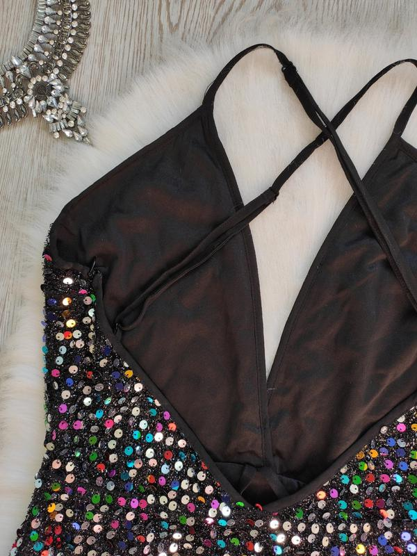Black shiny multi colored evening short sexy mini dress neckline sequins party dress cc63