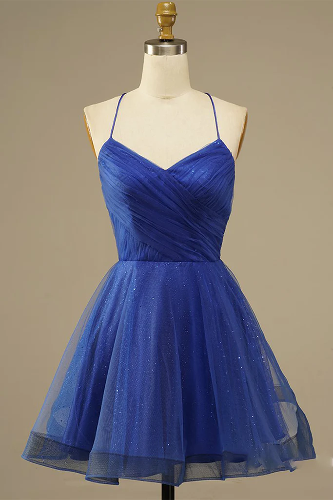 Royal Blue Mesh Net V-neck Homecoming Party Dress c3463