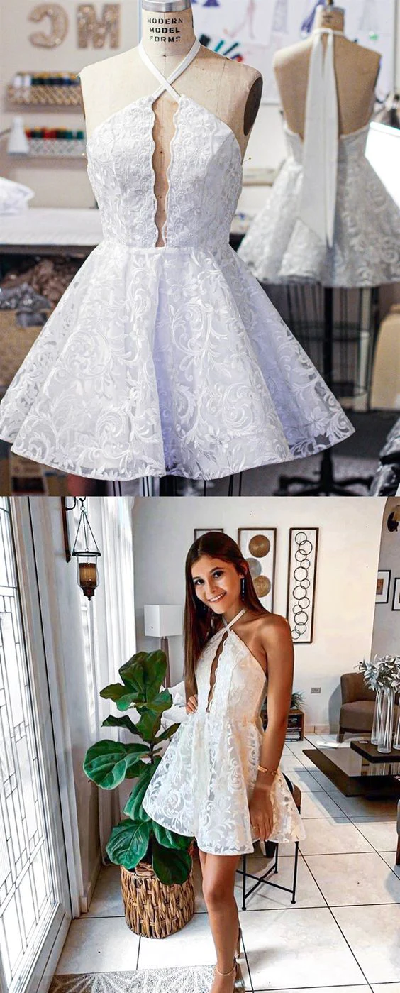 A-Line Halter Keyhole Backless White Homecoming Dress With Lace c3033