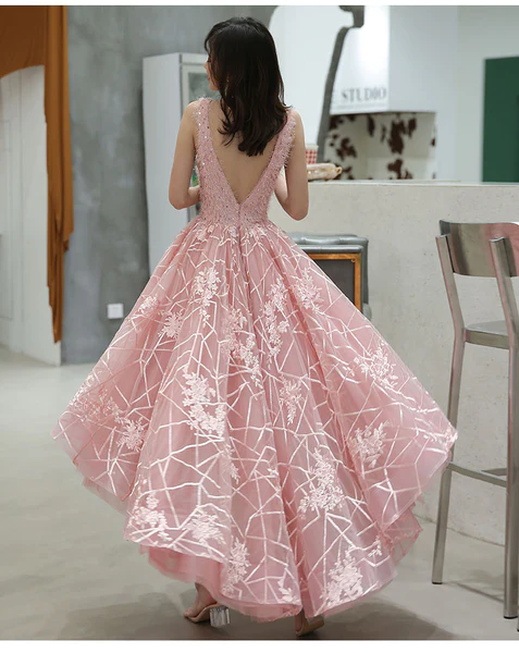 Pink V-Neckline Tulle Lace High Low Party Dress, Pink Formal Dress Homecoming Dress c2976