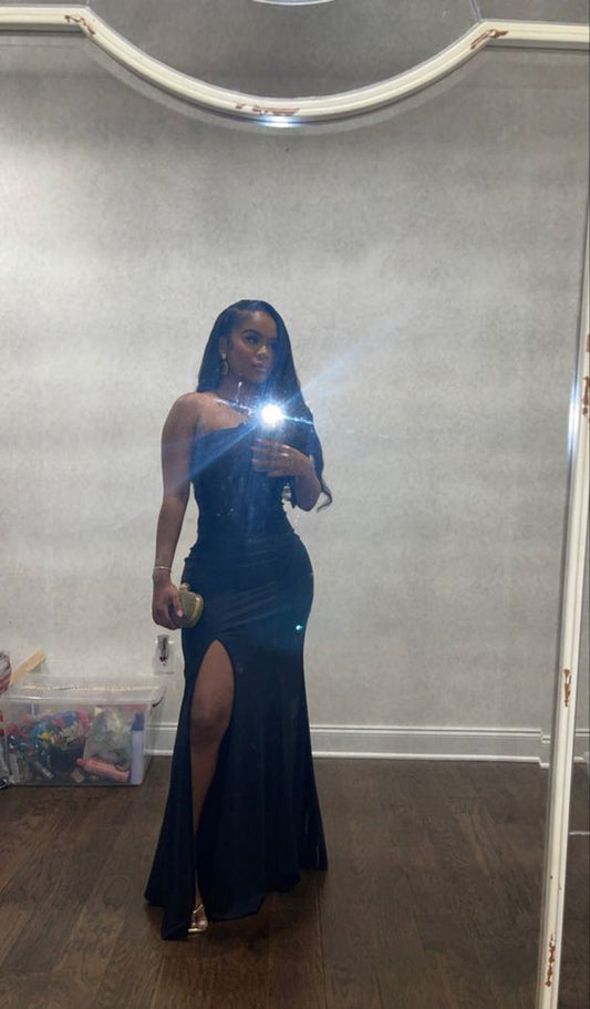 Strapless Black Girls Floor Length Evening Dress Dinner Dress With Split cc195