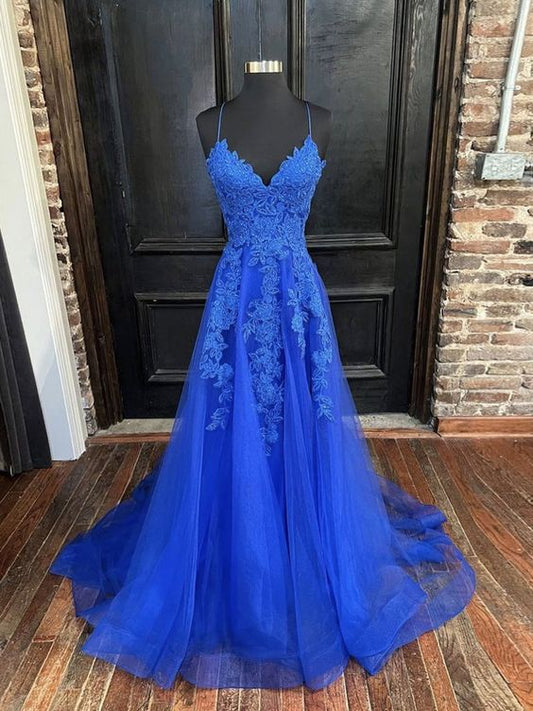 Blue v neck tulle lace long prom dress, blue tulle formal dress cc182