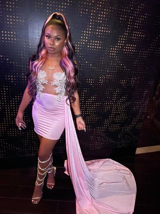 Sparkly Rhinestones Mesh Dress Pink Short Party Dress cc185