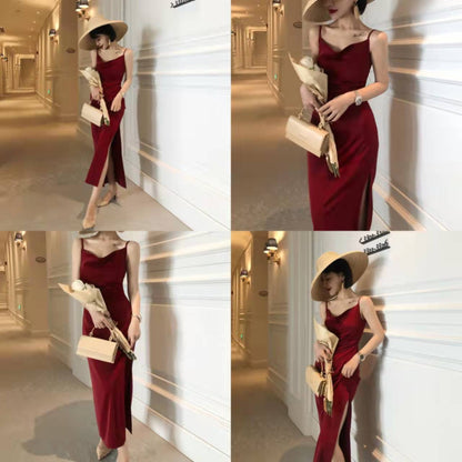 French Retro Sexy Swing Neck Sling Skirt Burgundy Prom Dress,Spaghetti Straps Classic Prom Dress  C1798