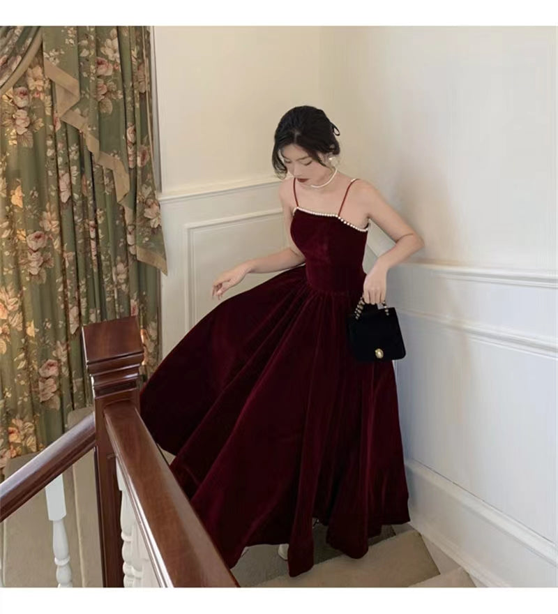 Spaghetti Straps Burgundy Velvet Prom Dress Simple Prom Dress Party Dress C2320