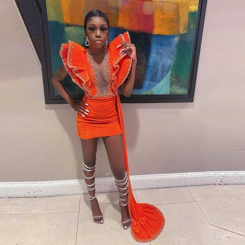 Orange Velvet Short Prom Dress Beaded Ruffle Sleeve Real Picture African Dark Skin Girl Party Dress c3167